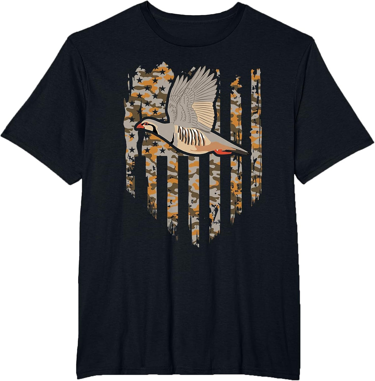 Chukar Bird Hunting American Flag Camo T-Shirt - Black