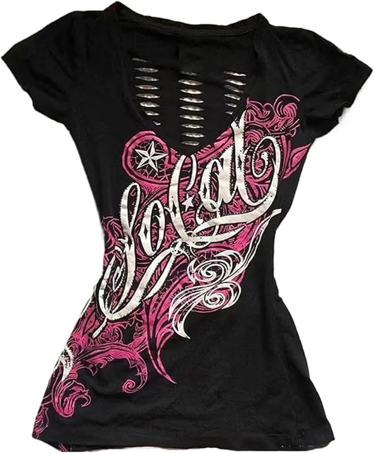 Grunge Shirts 2000s Clothing Women Vintage Graphic Tees Y2k Short Sleeve Goth Tops Teens Emo Clothes Streetwear - Black