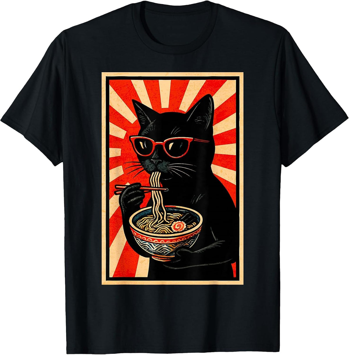 Ramen Cat Japanese Rising Sun Retro Poster Design T-Shirt - Black