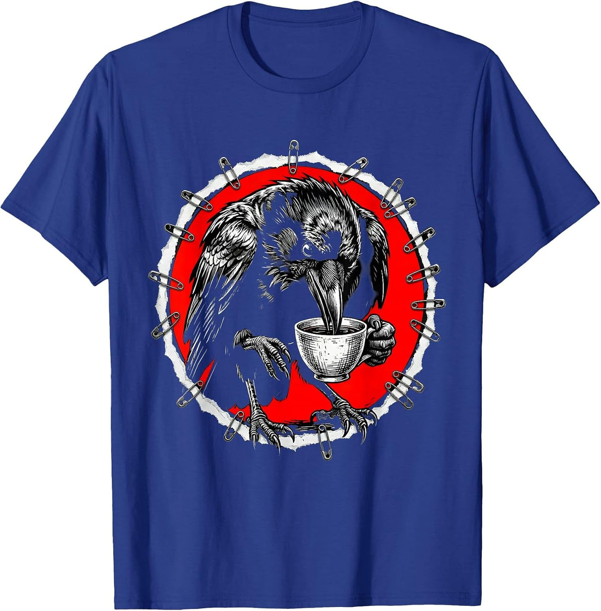 Men's Crow Drinking From a Tiny Teacup Illustration T-Shirt - Royal Blue