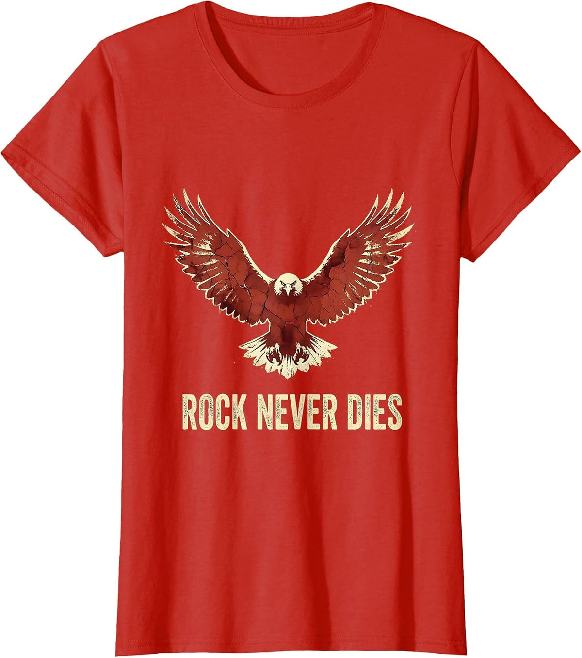 Rock Never Dies Bold Rock and Roll Graphic Design T-Shirt - Red