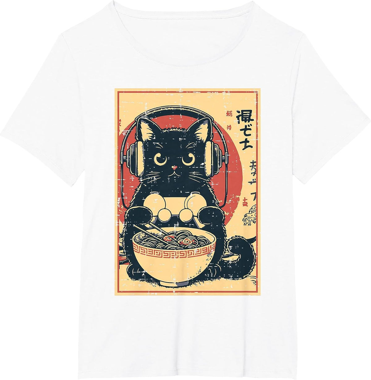 Japanese Cat Gamer Controller Ramen Gaming Art Men Boys Kids T-Shirt - White