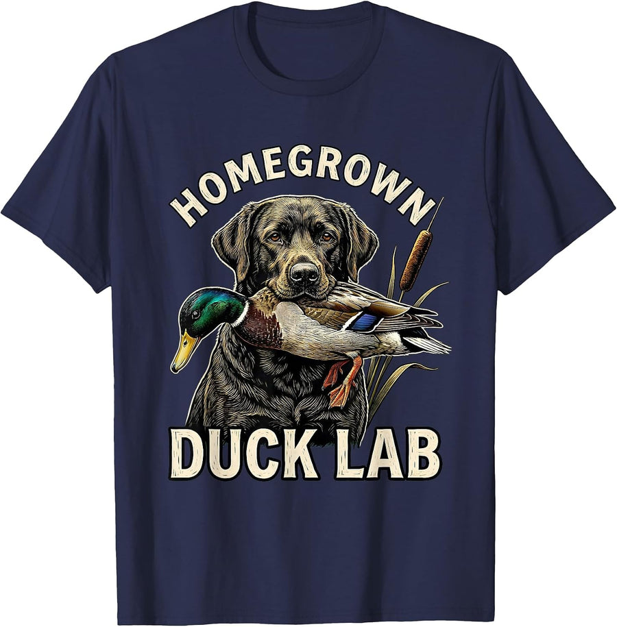 Homegrown Duck Lab Woodcut Engraving Labrador Retriever Duck T-Shirt - Navy Blue