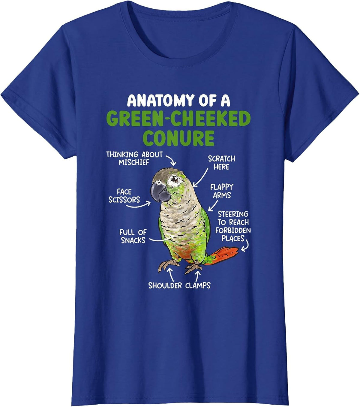 Anatomy of A Green Cheeked Conure Parrot Bird Conure T-Shirt - Royal Blue
