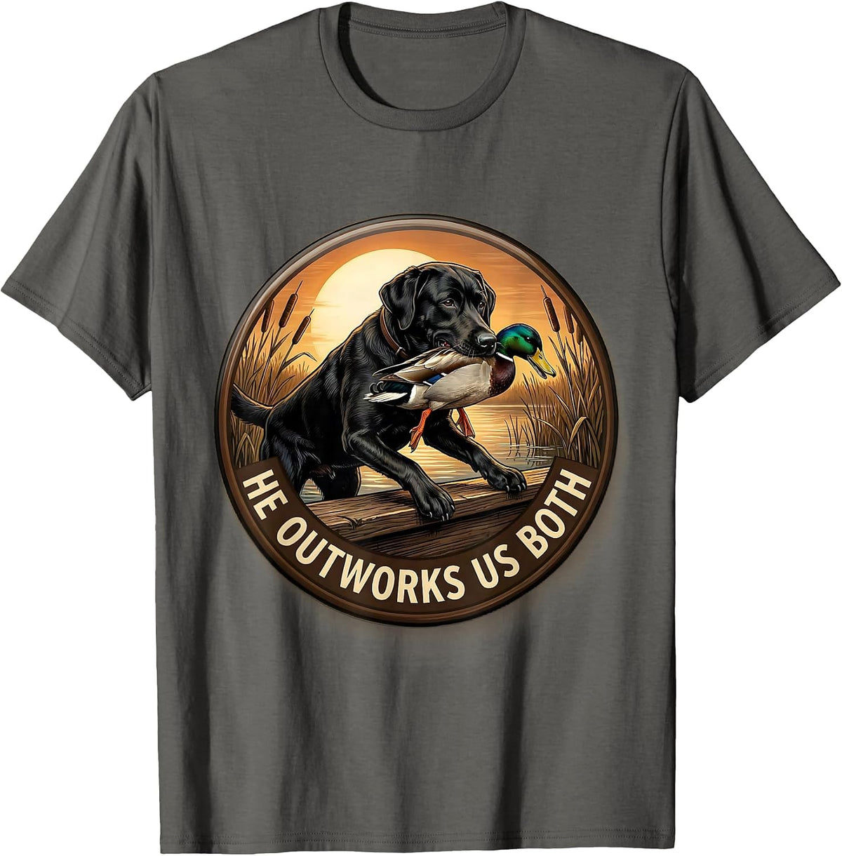 Men's He Outworks Us Both Vintage Local Boy Black Lab Duck Hunting T-Shirt - Asphalt Grey