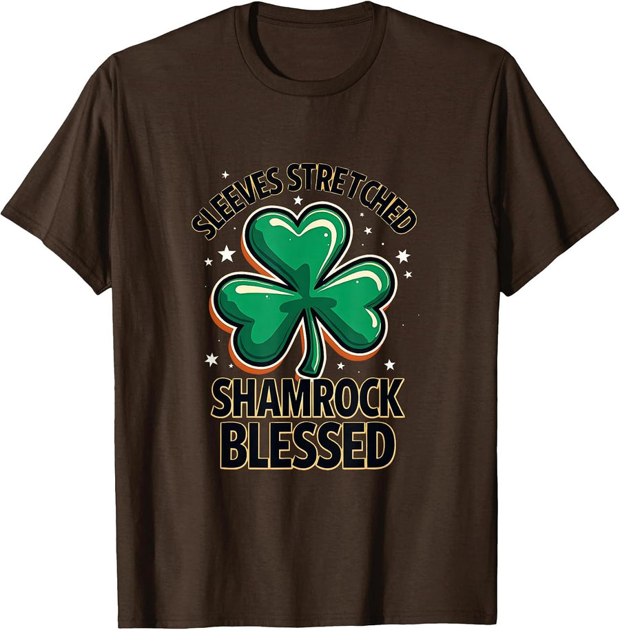Sleeves Stretched Shamrock Blessed St Patricks Day T-Shirt - Brown