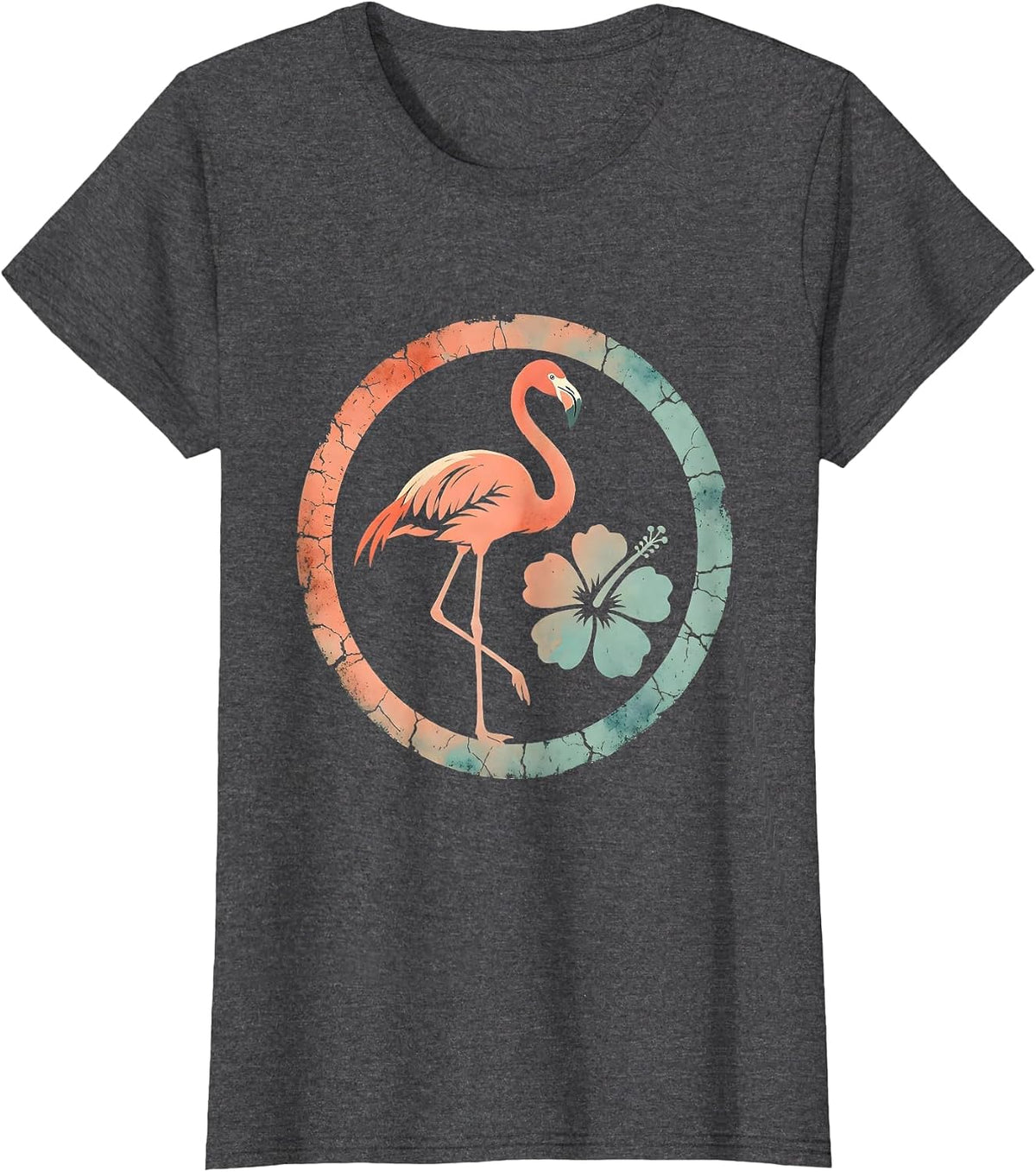 Women's Flamingo Balancing on One Leg at Sunset T-Shirt - Dark Heather Grey