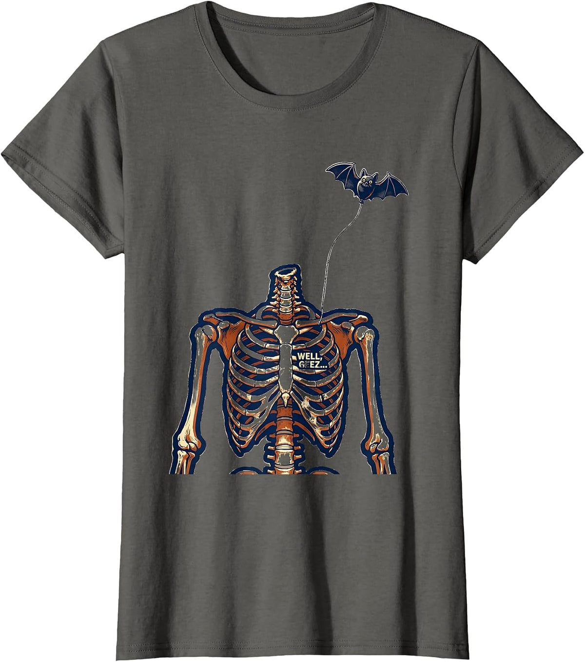 Women's Well, geez... Rubber Stamp Skeleton Lost Balloon Dark Humor T-Shirt - Asphalt Grey