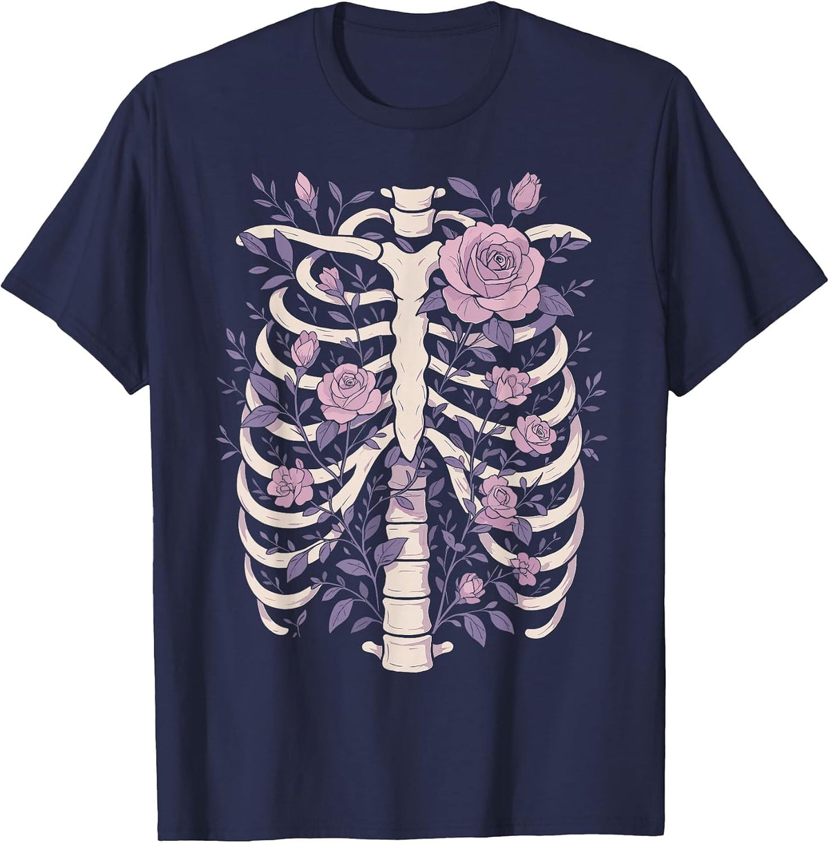 Skeleton Ribcage Flowers Pastel Goth Halloween Costume T-Shirt - Navy Blue