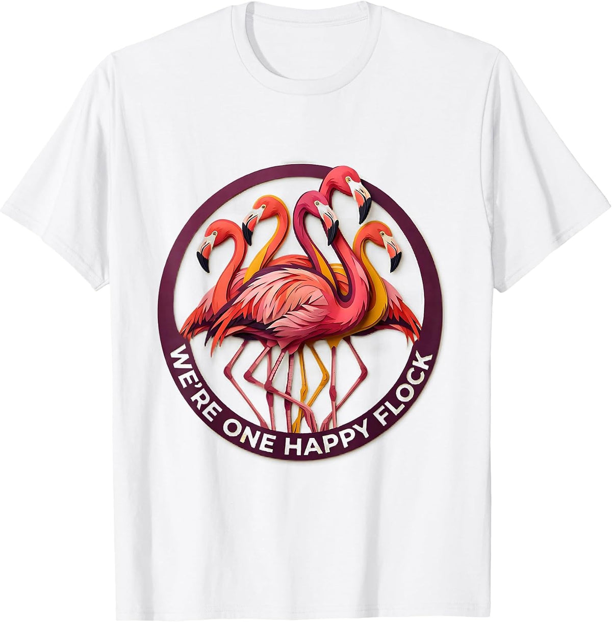 Men's We're One Happy Flock Paper Cutout Flamingo Novelty Bird T-Shirt - White