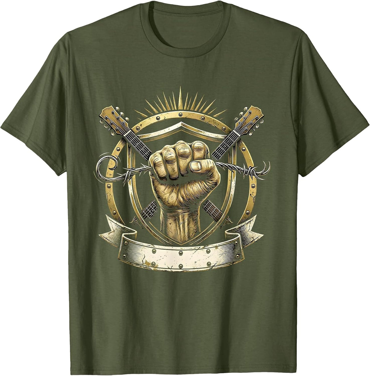 Bare Knuckle Broken Guitar String Rock Graphic T-Shirt - Olive Green