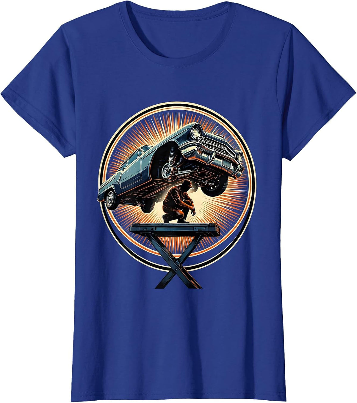 Women's Mechanic Under Car Chassis Graphic Tee T-Shirt - Royal Blue