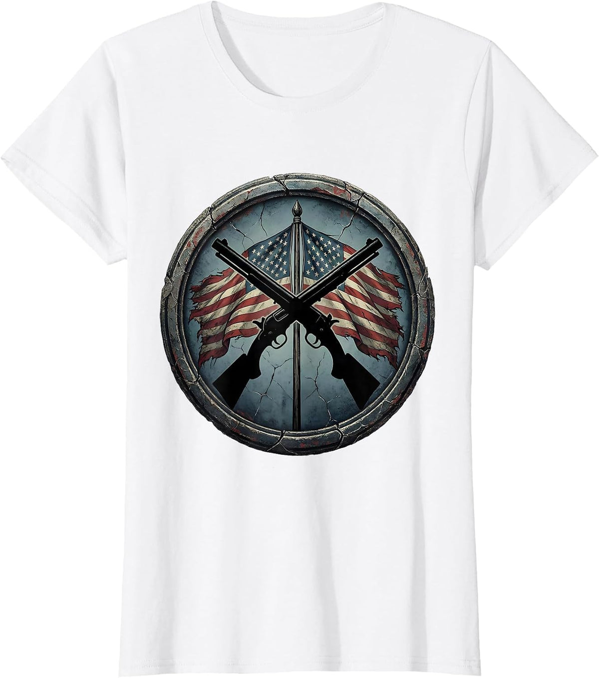 Double Barrel Shotgun American Flag Crossed Graphic T-Shirt - White