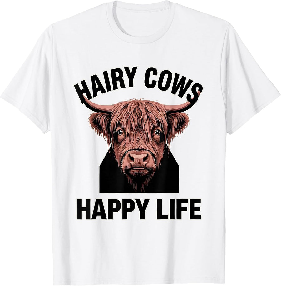 Men's Hairy Cows Happy Life Highland Cow Design T-Shirt - White