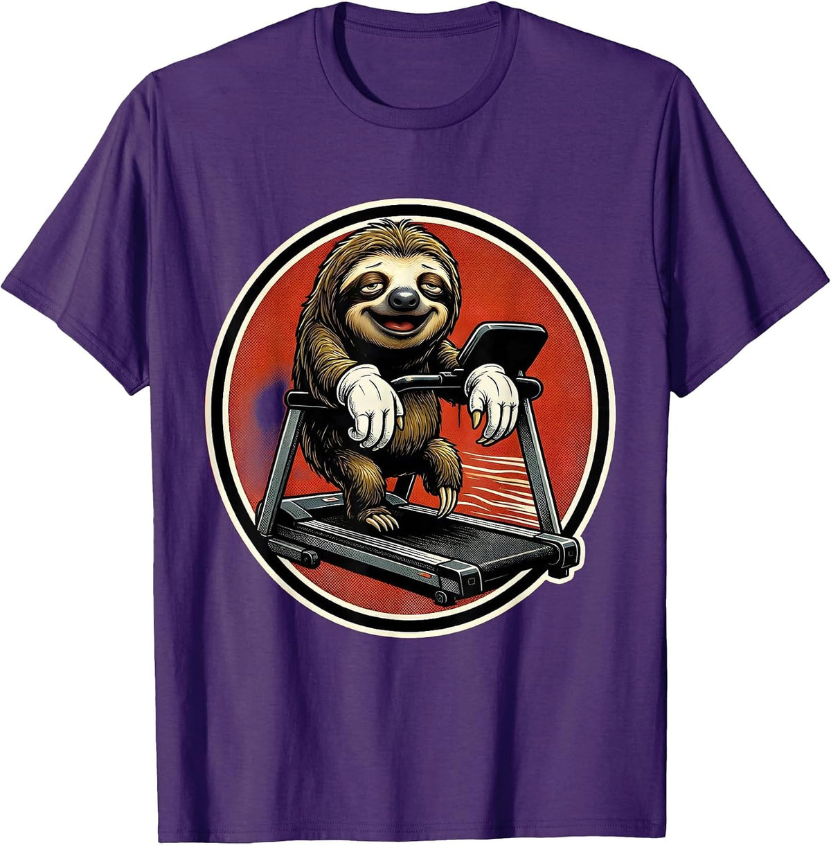 Lazy Sloth Hanging on Treadmill Funny Graphic T-Shirt - Purple