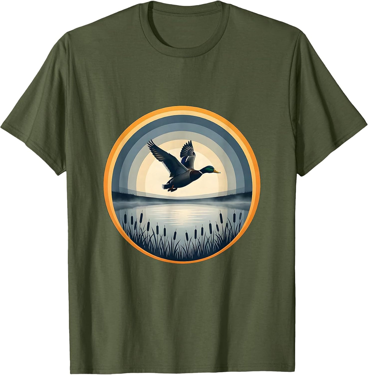 Men's Duck Flying Over Misty Morning Marsh Camo T-Shirt - Olive Green