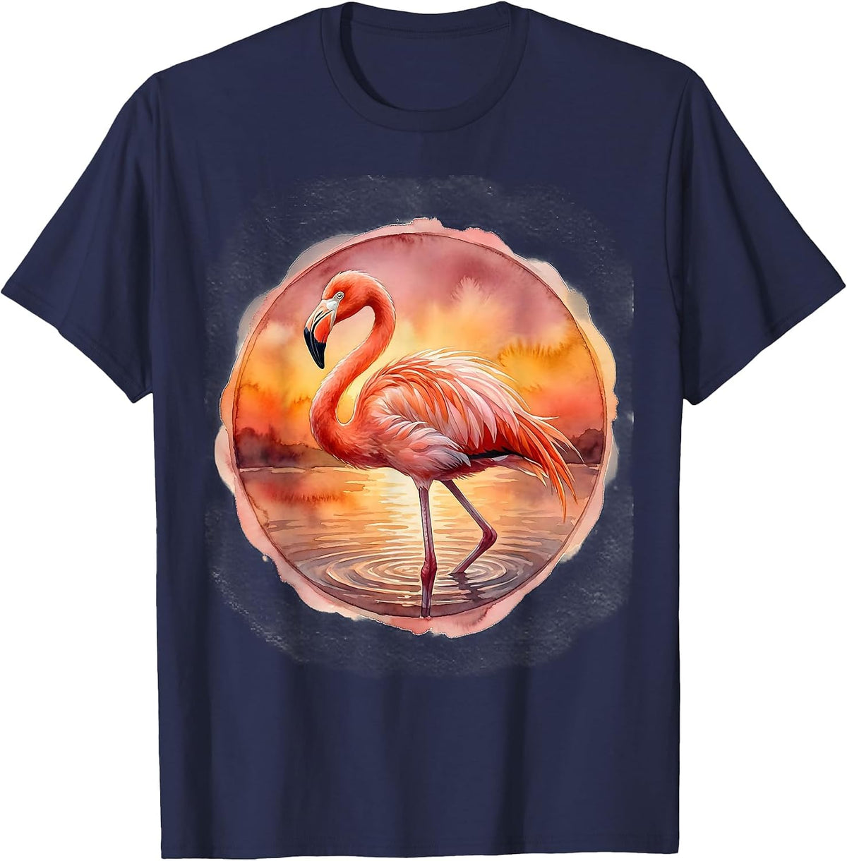 Men's Flamingo Standing on One Leg at Sunset T-Shirt - Navy Blue