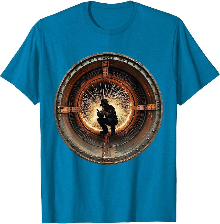 Welder Inside Giant Pipe Industrial Graphic T-Shirt - Sapphire Blue