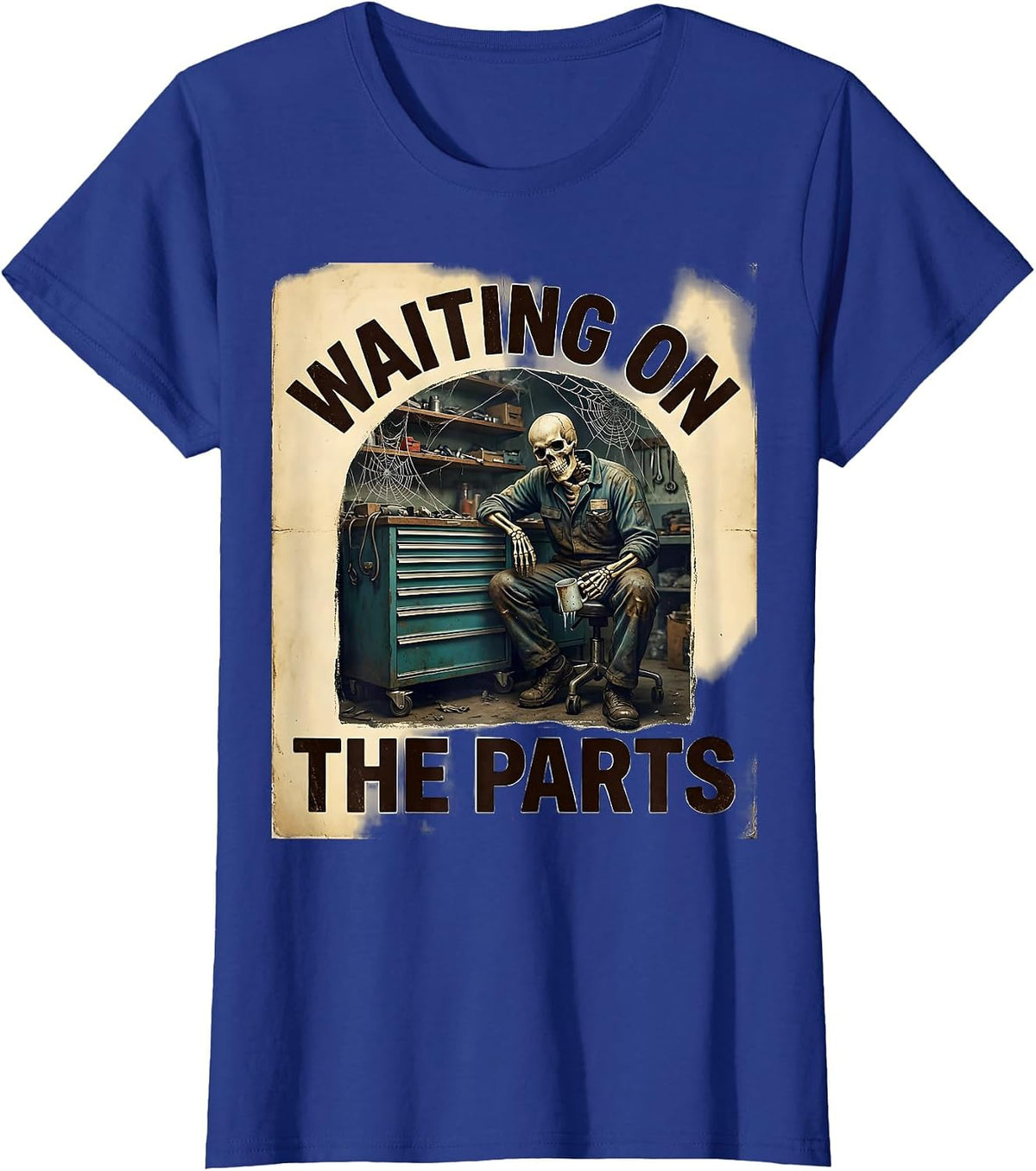 Women's Waiting On The Parts Vintage Skeleton Mechanic Auto Repair T-Shirt - Royal Blue