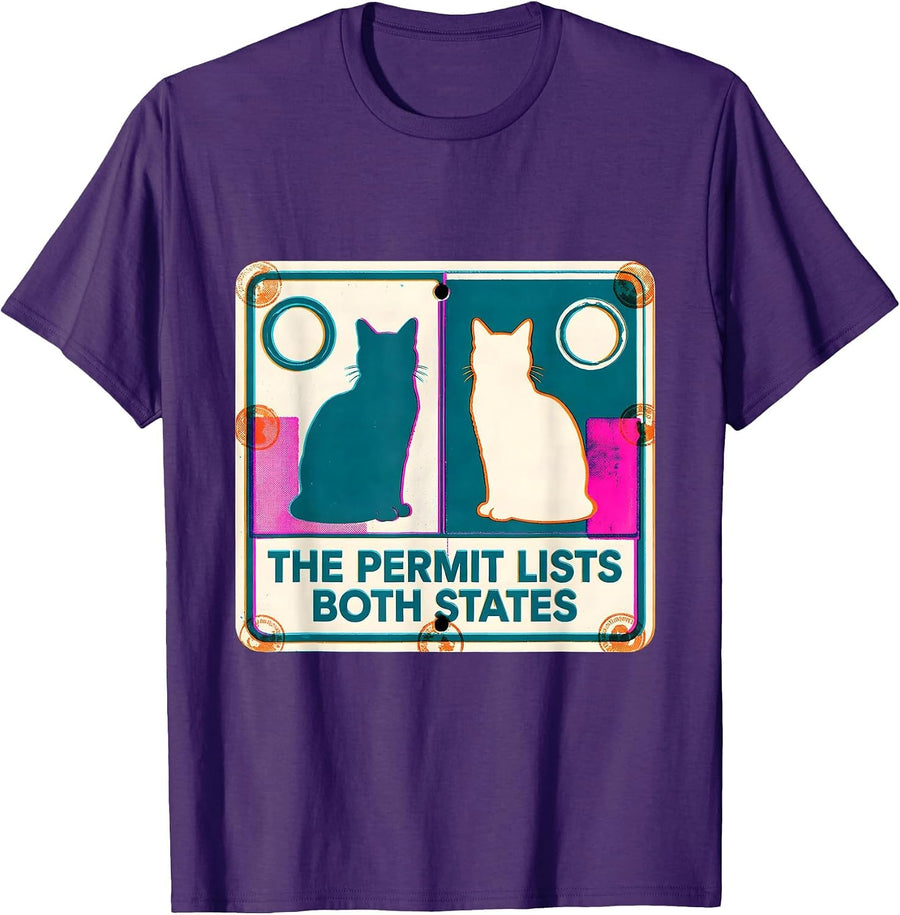 Men's The Permit Lists Both States Physics Nerd Cat Humor T-Shirt - Purple