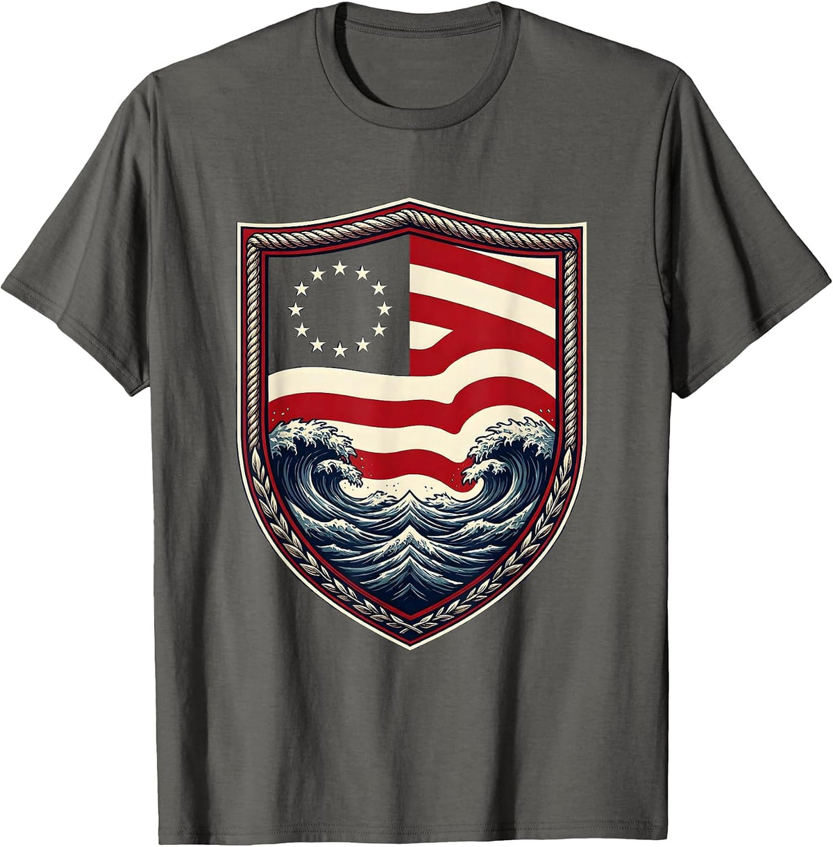 American Flag Stripes Melting Into Ocean Waves T-Shirt - Asphalt Grey