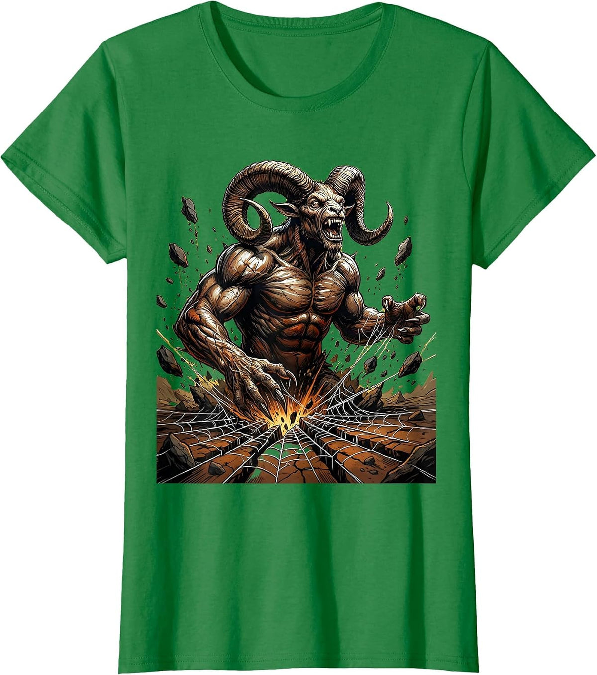 Women's Horned Demon Rising From Cracked Earth T-Shirt - Kelly Green
