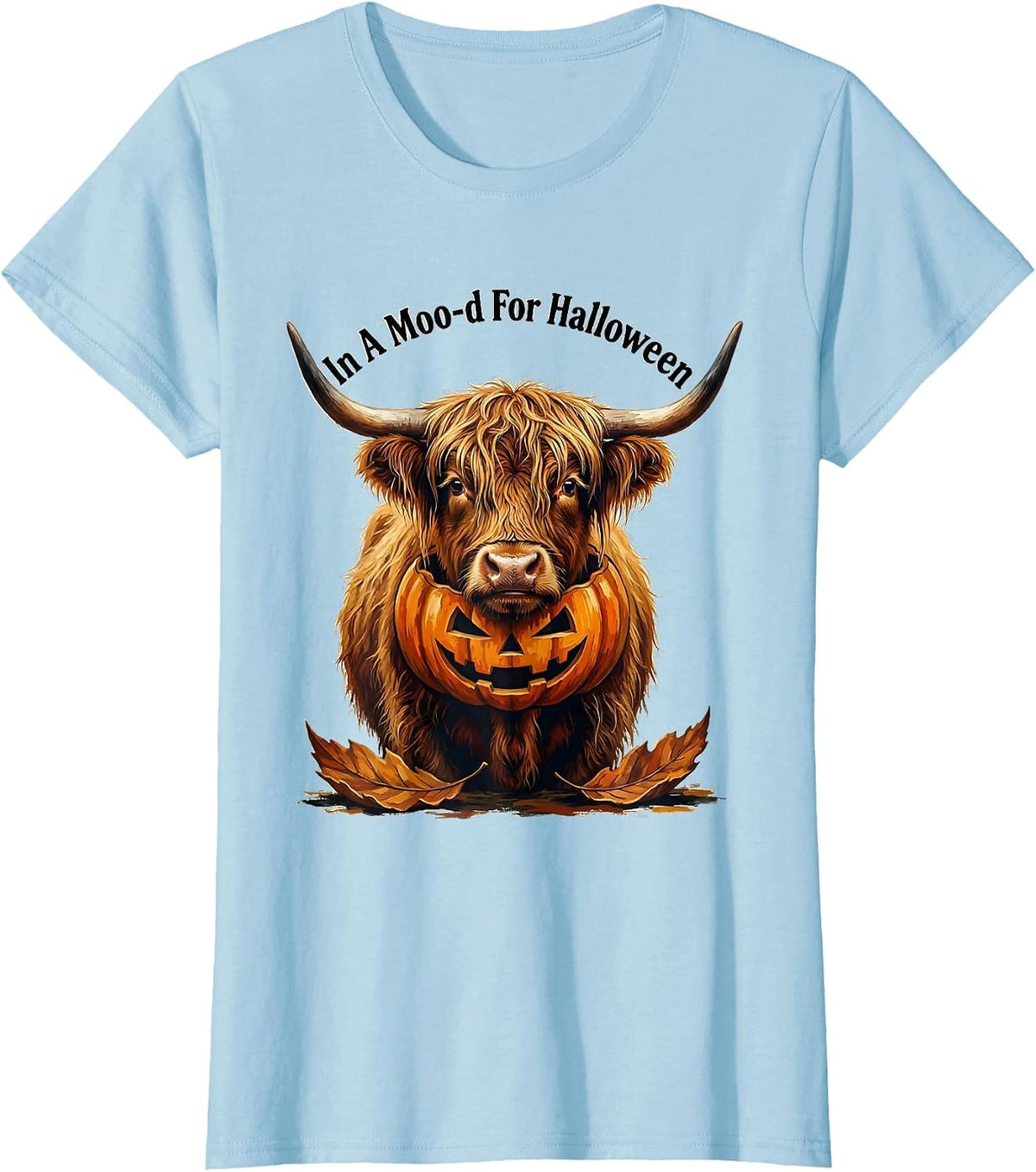 In A Moo-d For Halloween Funny Highland Cow Halloween T-Shirt - Baby Blue