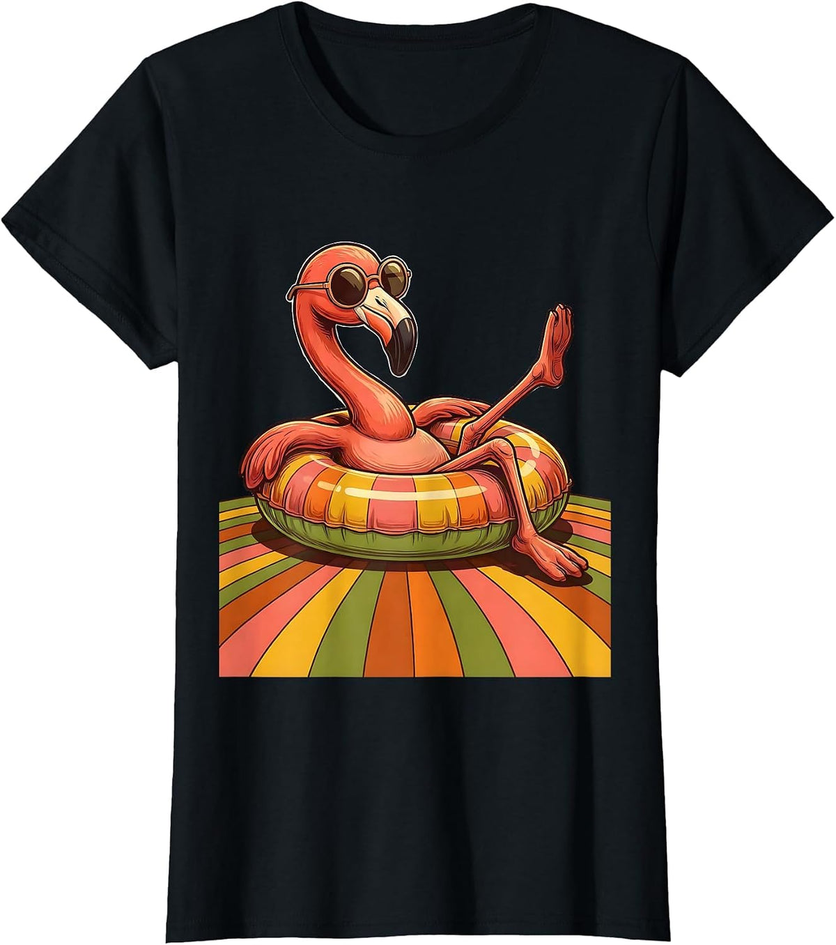 Flamingo in Sunglasses Lounging in Pool Design T-Shirt - Black