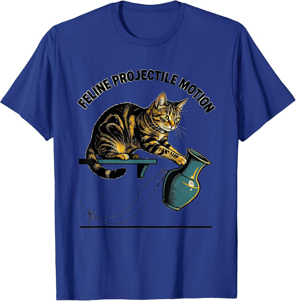 Men's Feline Projectile Motion Funny Cat Physics Humor Design T-Shirt - Royal Blue