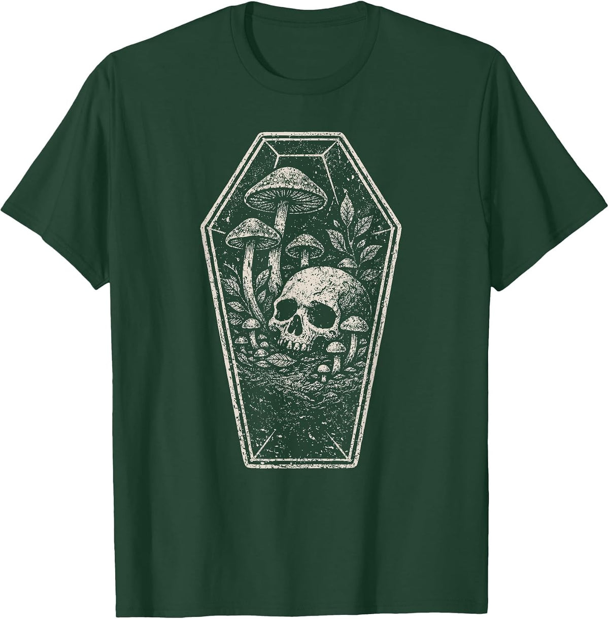 Skull Mushroom Grunge Skeleton Dark Coffin Forest Aesthetic T-Shirt - Dark Green