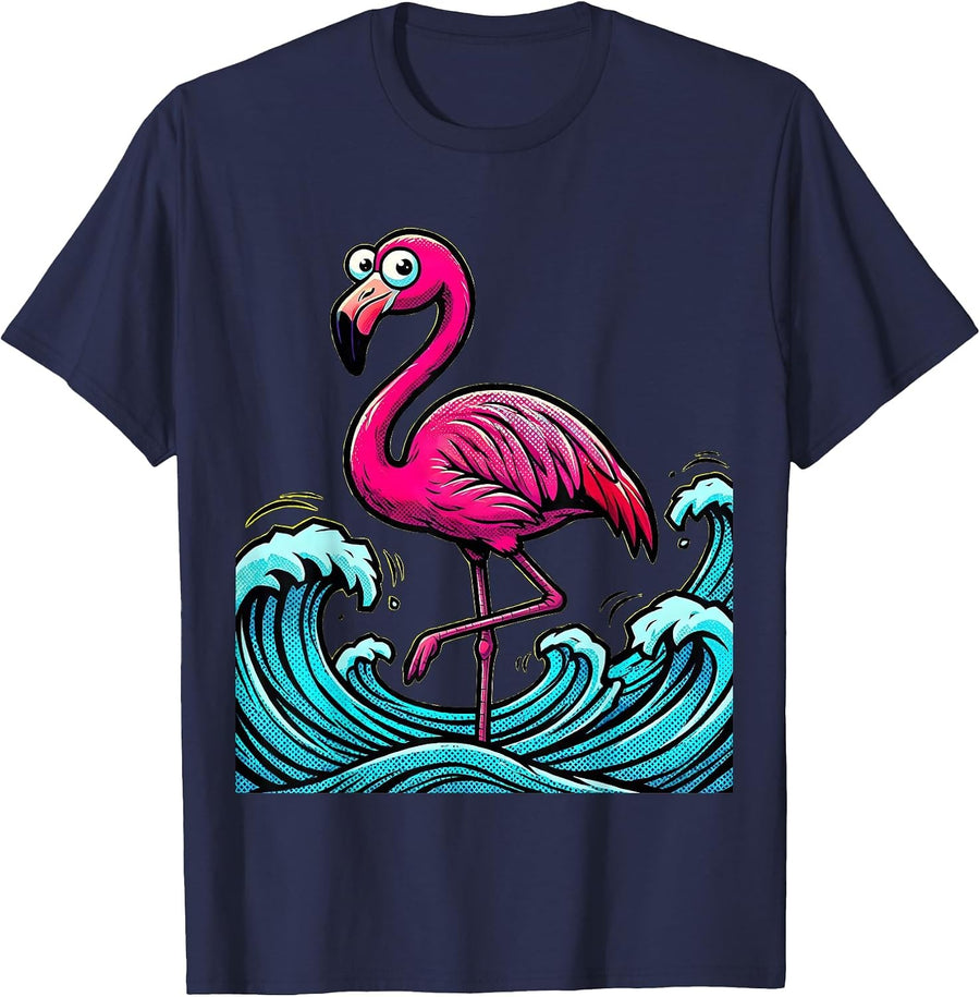 Kids Hawaiian Flamingo Balancing in Waves T-Shirt - Navy Blue