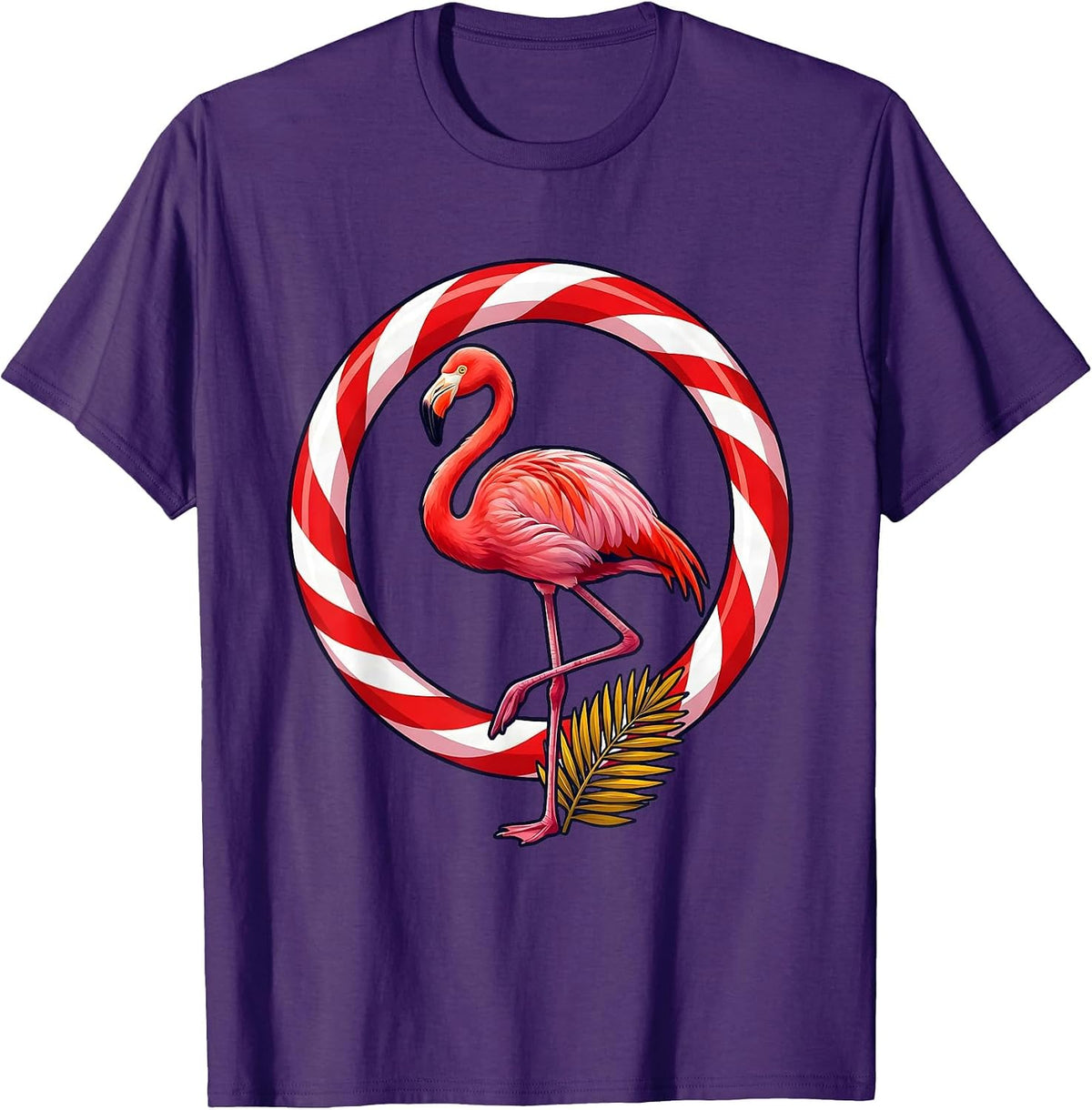 Pink Flamingo Candy Cane Christmas Novelty Humor T-Shirt - Purple