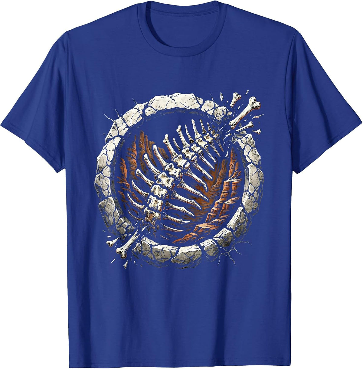 Fossilized Dinosaur Spine Cliff Face Illustration T-Shirt - Royal Blue