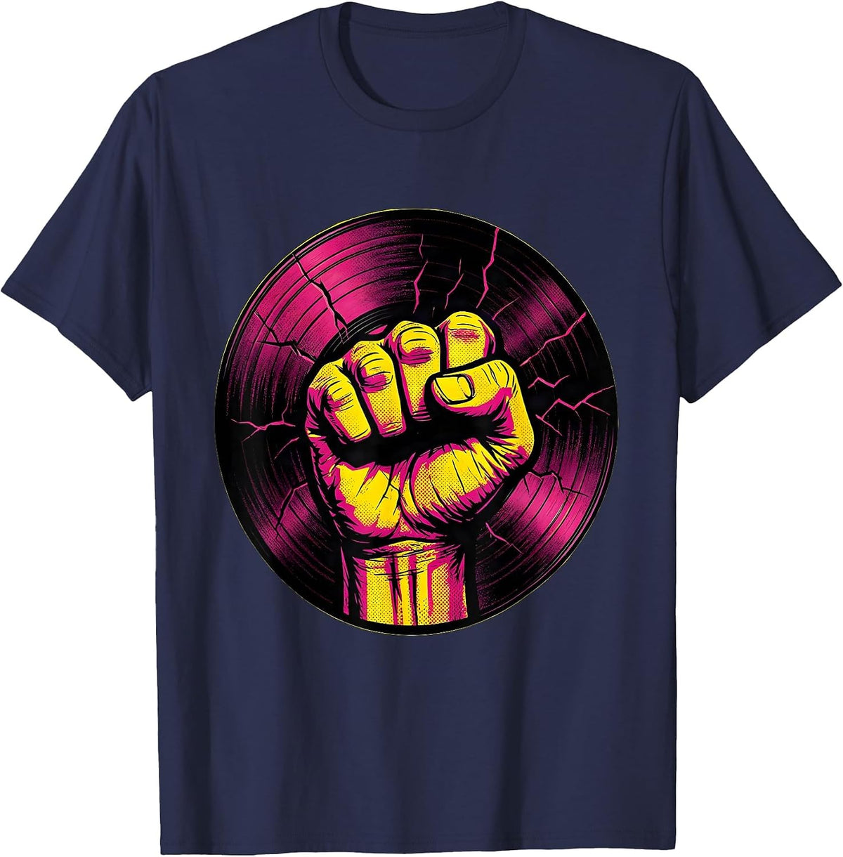 90s Rock Fist Cracked Vinyl Record Graphic T-Shirt - Navy Blue