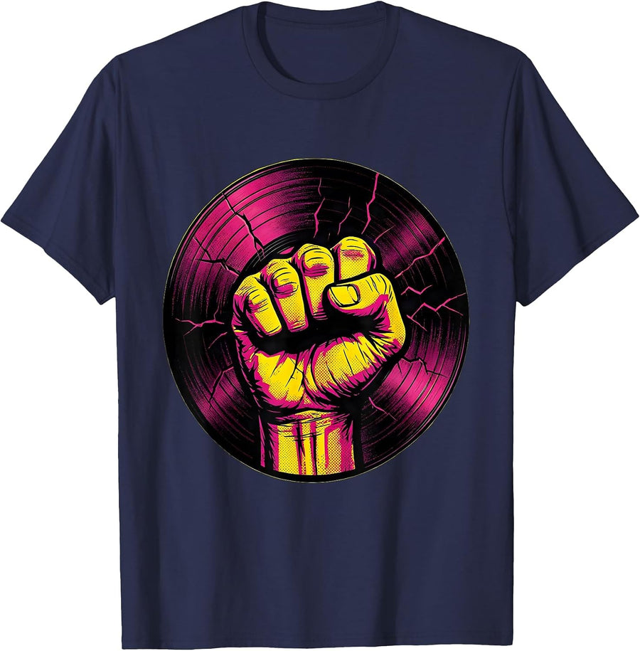90s Rock Fist Cracked Vinyl Record Graphic T-Shirt - Navy Blue