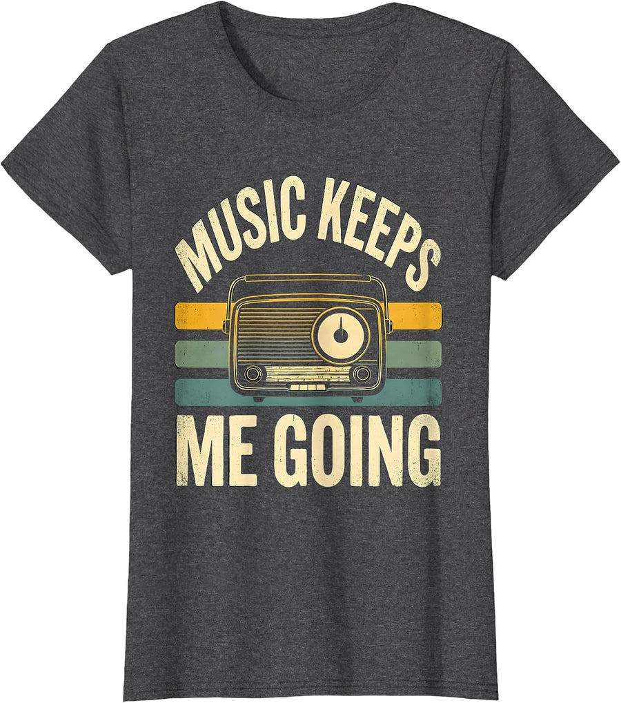 Women's Music Keeps Me Going Vintage Retro Radio Music Lover Gift T-Shirt - Dark Heather Grey
