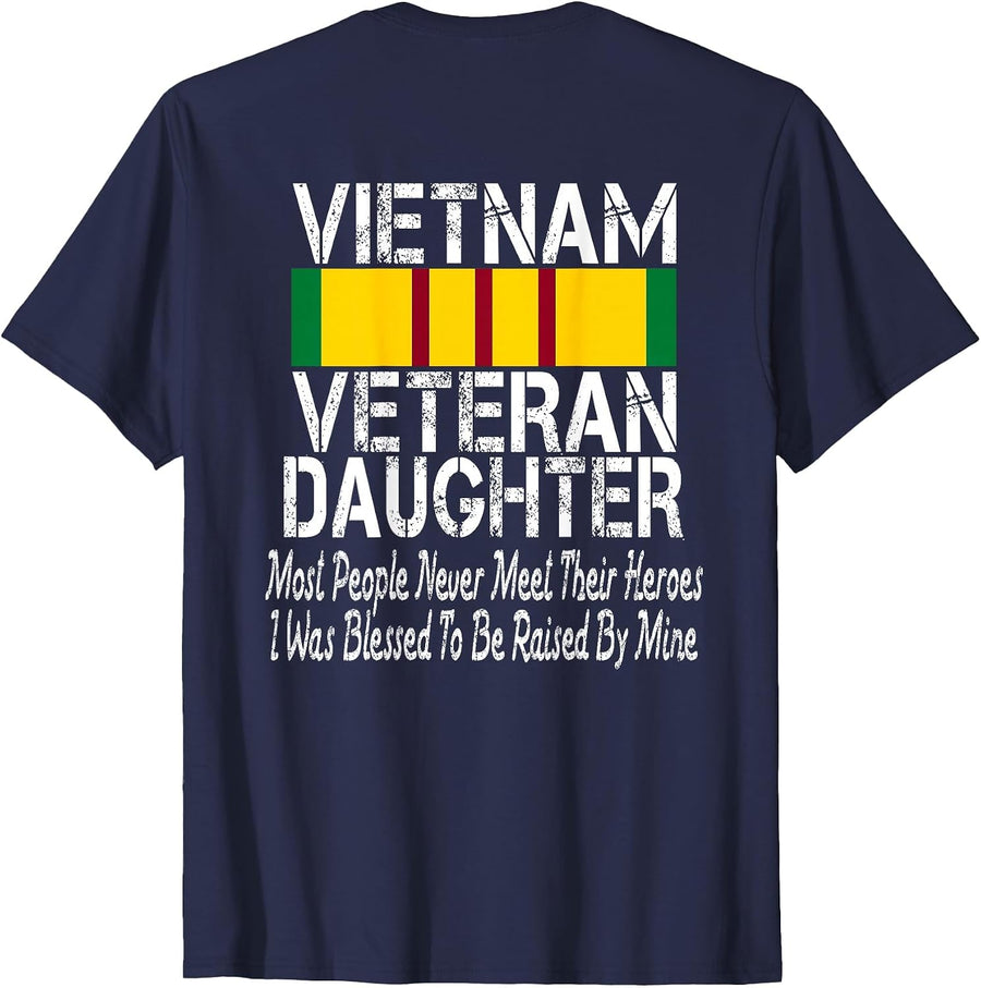(Print on Back) Vintage Proud Vietnam Veteran Daughter T-Shirt - Navy Blue