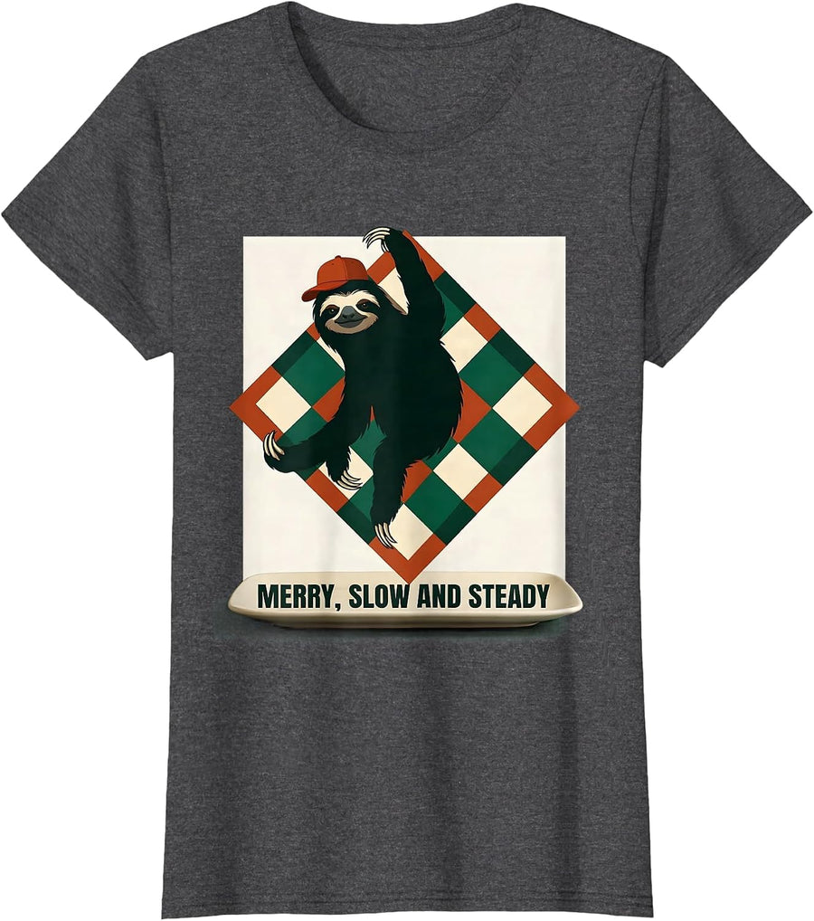 Women's Merry, Slow And Steady Funny Sloth Christmas Humor Sloth T-Shirt - Dark Heather Grey