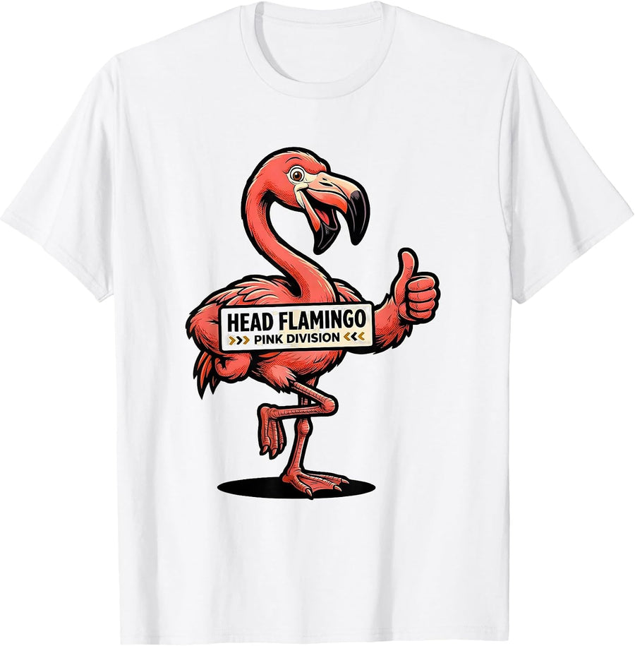 Men's Head Flamingo Pink Division Retro Advertising Mascot Novelty T-Shirt - White