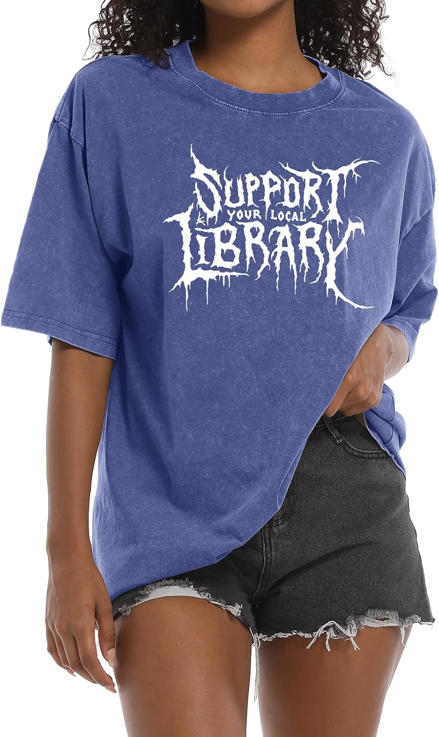 Women Goth Support Your Local Library Shirt Gothic Vintage Streetwear Shirts Acid Wash Tshirt Graphic Oversized Tee - Blue