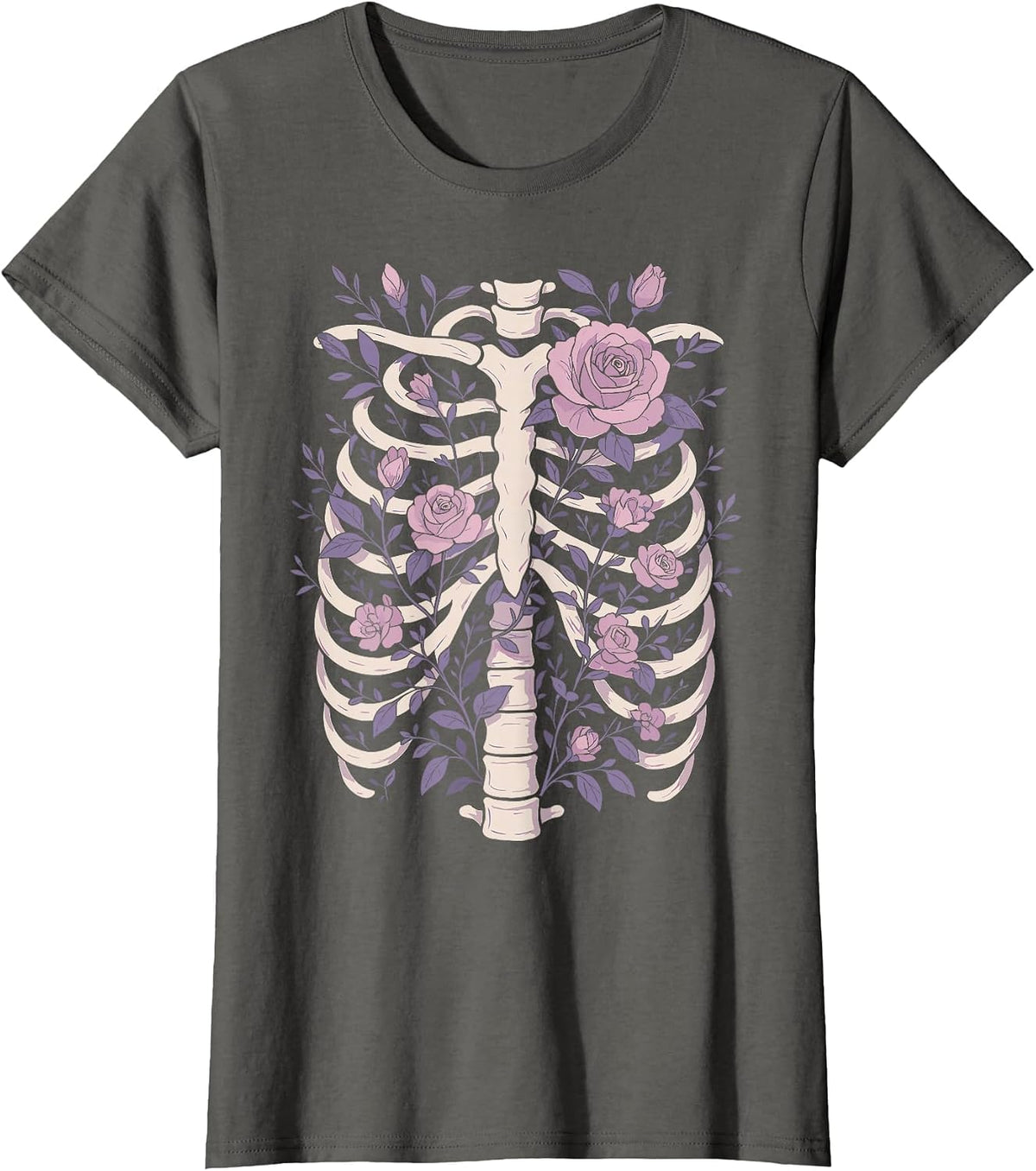 Skeleton Ribcage Flowers Pastel Goth Halloween Costume T-Shirt - Asphalt Grey
