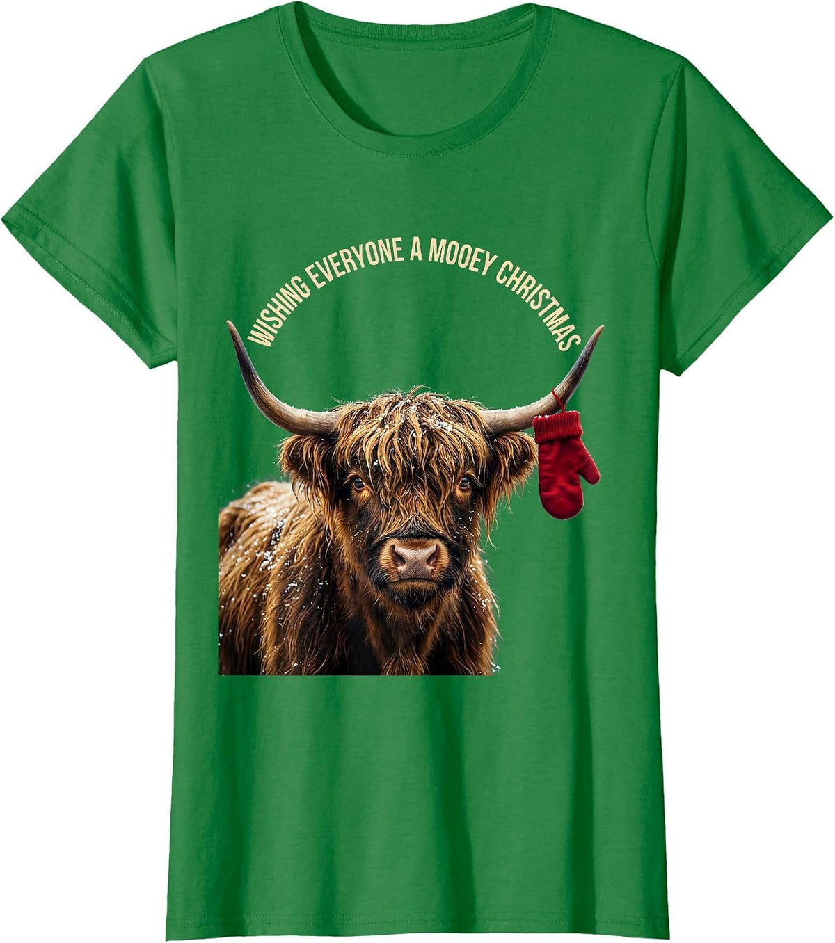 Women's Wishing Everyone A Mooey Christmas Funny Highland Cow Farm T-Shirt - Kelly Green