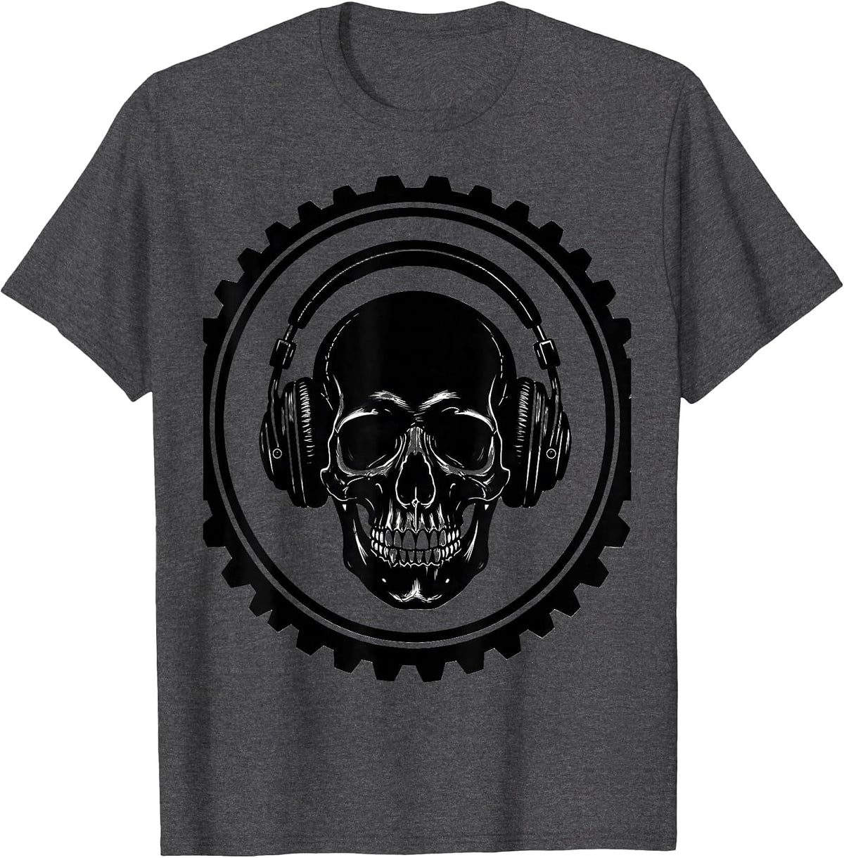 Skull Vintage Headphones Rock Music Graphic T-Shirt - Dark Heather Grey