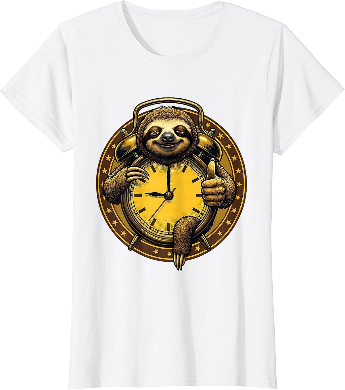 Sleepy Sloth Hanging on Alarm Clock Funny Tee T-Shirt - White