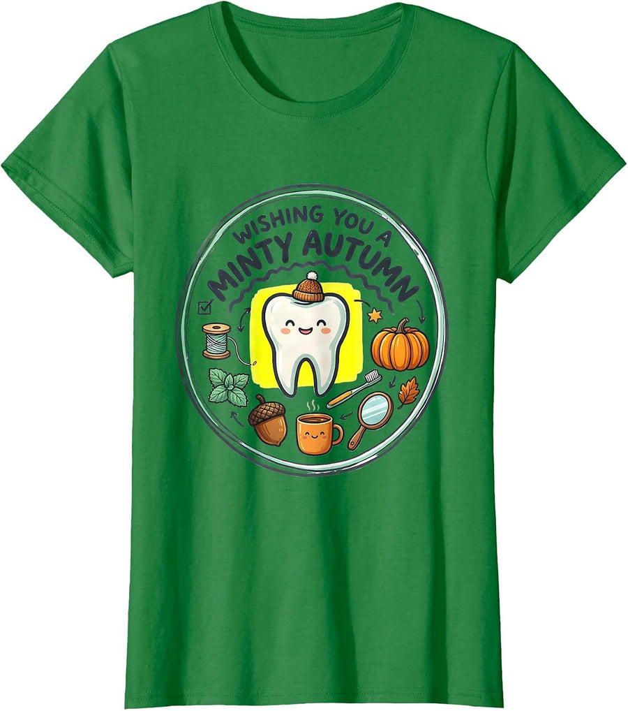 Women's Wishing You A Minty Autumn Funny Dental Hygienist Kawaii T-Shirt - Kelly Green