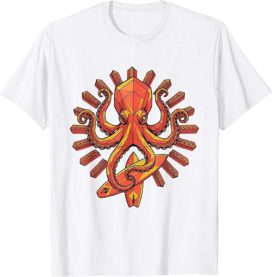 Men's Octopus Surfer Hawaiian Graphic Tee for Kids T-Shirt - White