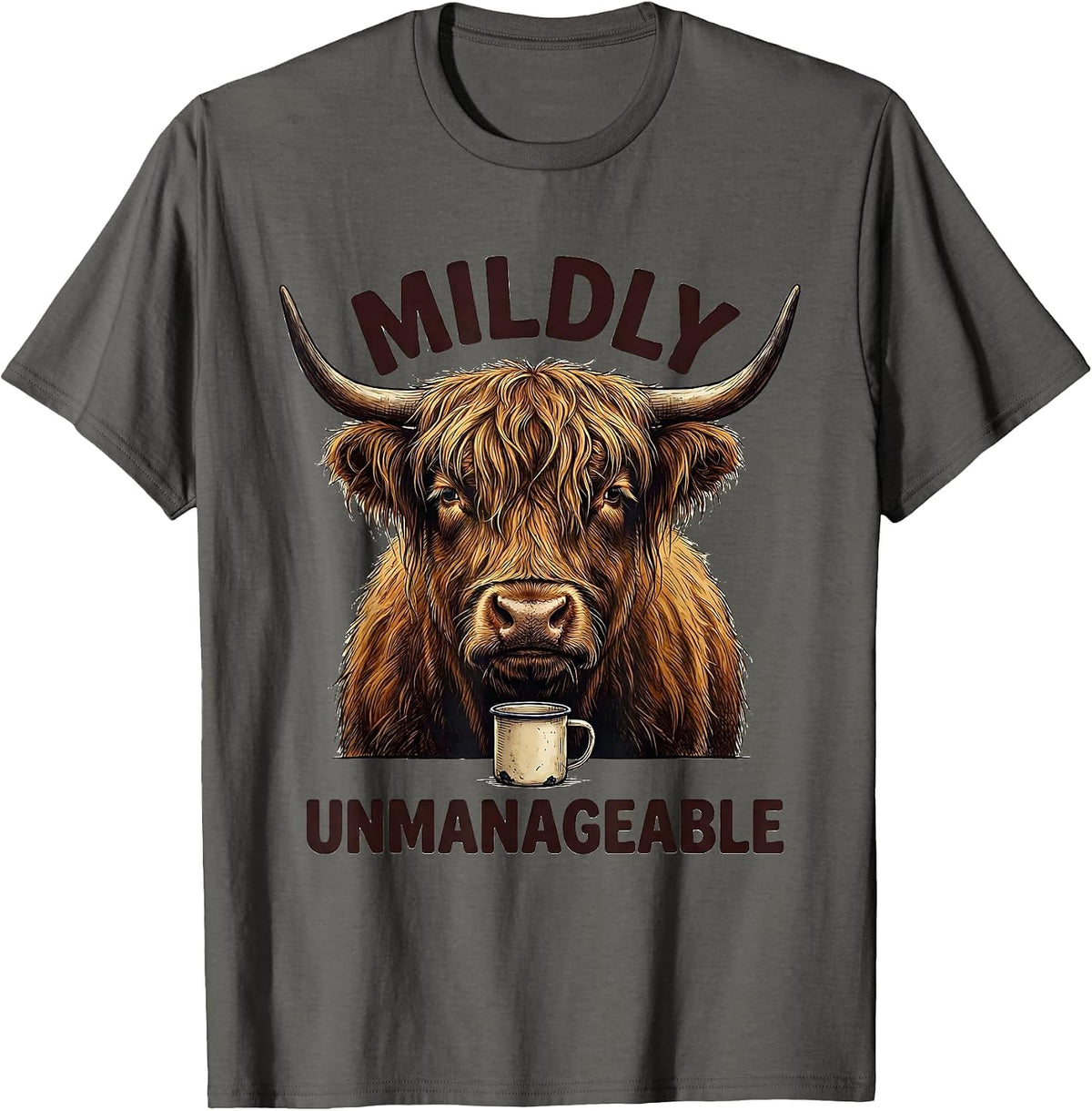 Men's Mildly Unmanageable Funny Highland Cow Cute Novelty Coffee T-Shirt - Asphalt Grey