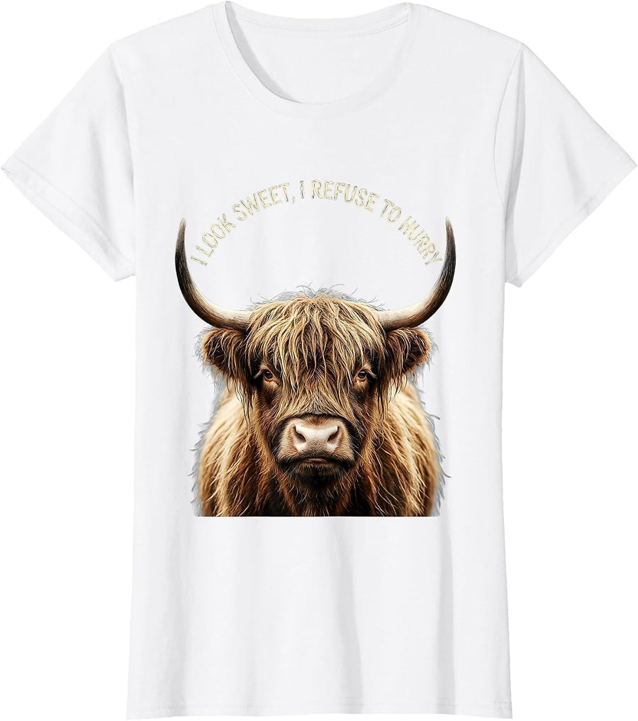 Women's I Look Sweet, I Refuse To Hurry Funny Highland Cow Cute T-Shirt - White
