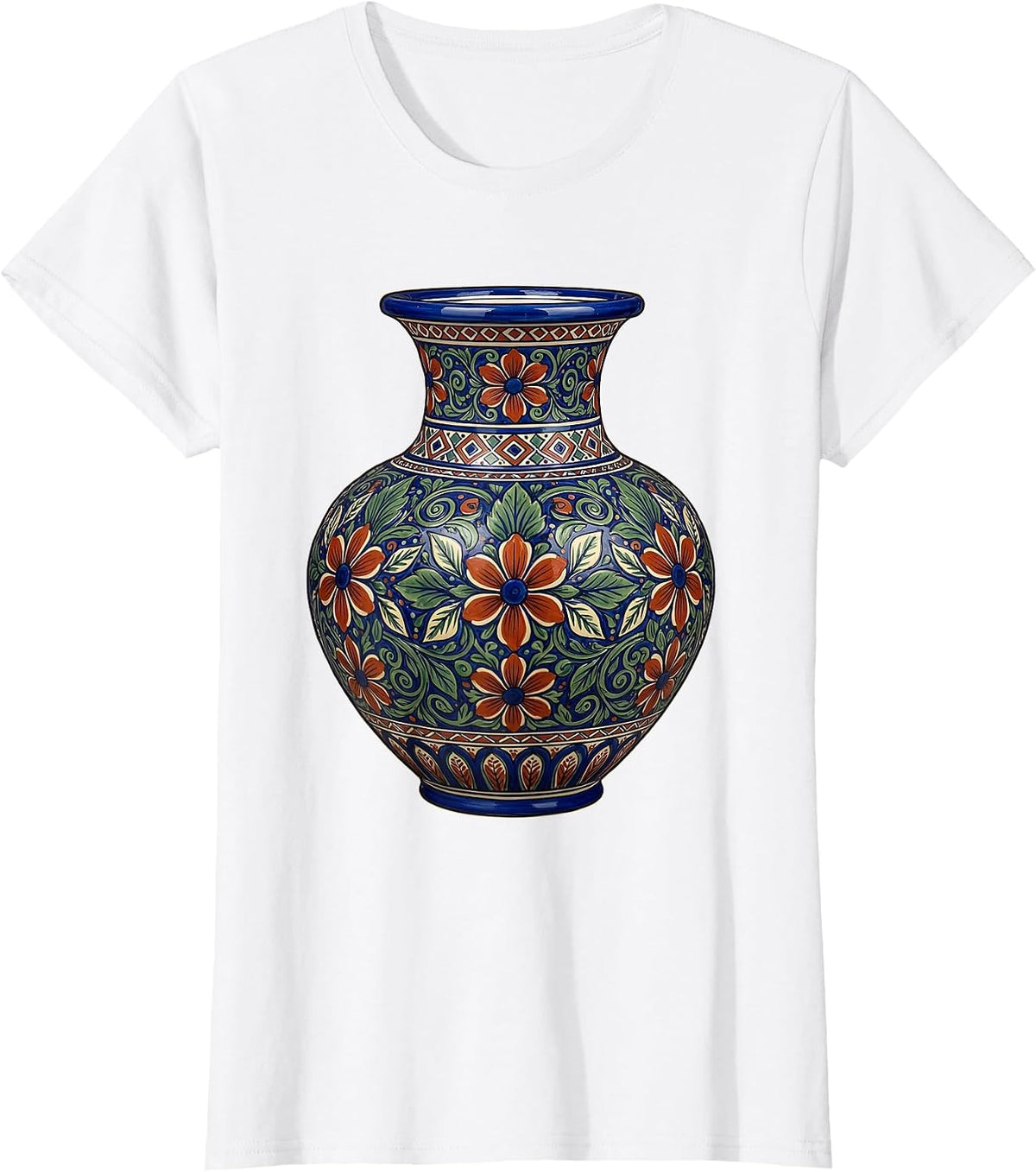 Women's Mexican Talavera Pottery Vase Floral Illustration T-Shirt - White