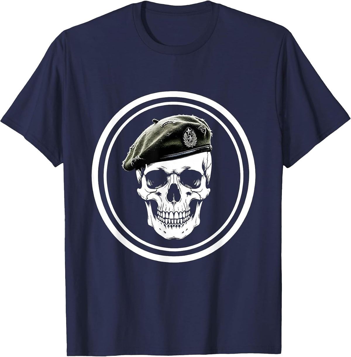Skull Military Beret Veteran Graphic Design T-Shirt - Navy Blue